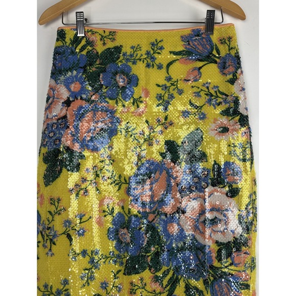 Diane Von Furstenberg Sequin Pencil Skirt Yellow Floral Embellished Size 8 DVF - Picture 3 of 11